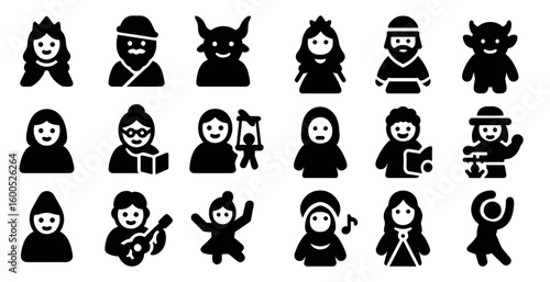 Fairy tale silhouette icons set – solid, filled, mythical and folklore symbols