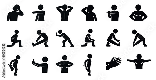 Fitness exercise silhouette icons set – workout, gym, physical activity symbols