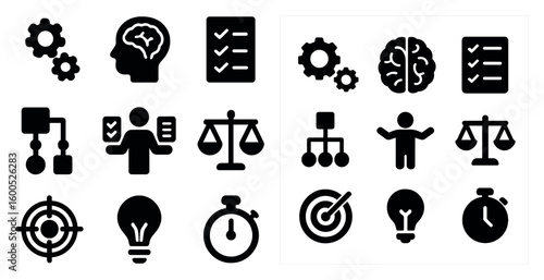 Business and communication solid icons set – filled, silhouette, workflow graphics