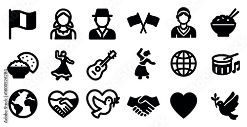 Cultural diversity solid icons set – filled, world culture and tradition symbols