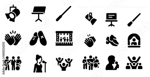 Performing arts silhouette icons set – theater, music, entertainment symbols
