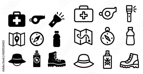 Camping and hiking icons set – solid, filled, outdoor and adventure symbols