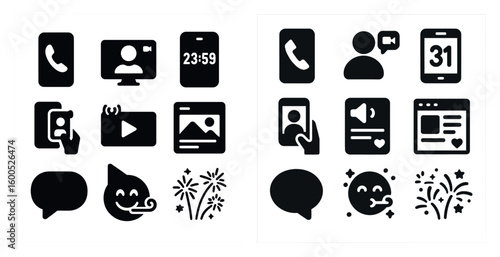 Communication solid icons set – flat, filled, chat and social media symbols