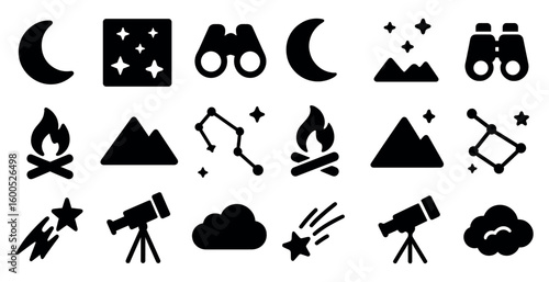 Night sky exploration silhouette icons set – astronomy, stargazing and camping symbols