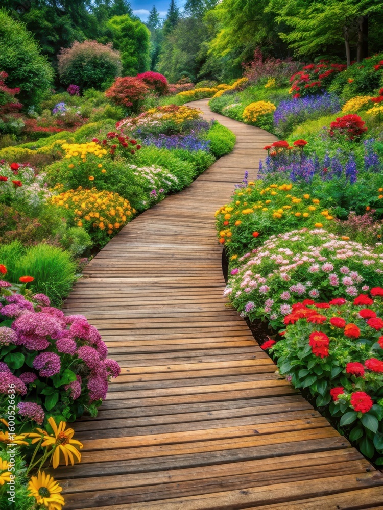 Obraz premium Wooden path winding through vibrant garden of colorful flowers