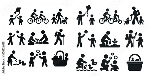 Family activities silhouette icons set – solid, outline, leisure and outdoor symbols