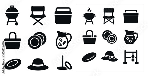 Outdoor and picnic silhouette icons set – camping, leisure, bbq and recreation symbols