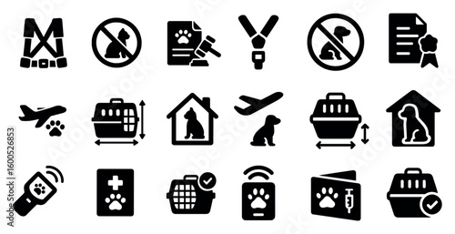 Pet travel silhouette icons set – solid, filled, pet transport essentials