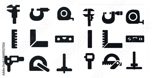 Measurement tool solid icons set – flat, filled, drafting and precision symbols