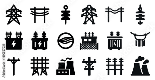 Electricity and power icons set – solid, filled, energy grid and utility symbols
