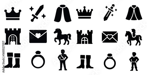 Medieval fantasy solid icons set – silhouette, knights and castles symbols