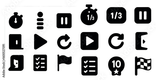Time management solid icons set – filled, tracking, productivity visuals