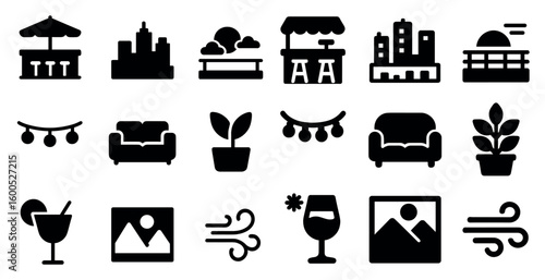 Cityscape and leisure solid icons set – silhouette, urban, recreational symbols