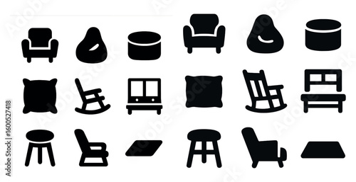 Furniture and home decor icons set – solid, filled, interior and design elements
