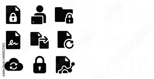 Data security solid icons set – outline, protection, privacy and encryption symbols