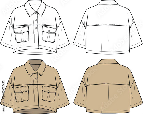 Short sleeve crop shirt technical sketch, front and back view, button closure, flap pockets, collar detail, fashion cad flat vector