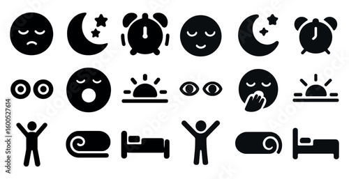 Sleep and bedtime solid icons set – filled, nighttime, restful sleep symbols