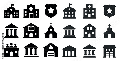 Public buildings silhouette icons set – solid, filled, urban and civic symbols
