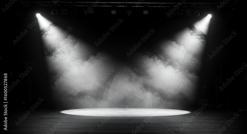 Obraz premium Two bright spotlights cut through smoke on a dark, vacant concert or theater stage