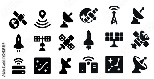 Space satellite solid icons set – filled, communication, aerospace symbols
