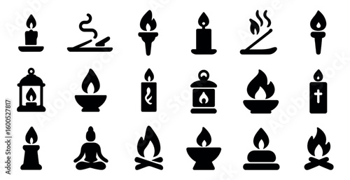 Candle and meditation solid icons set – filled, silhouette, calming symbols