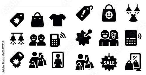 Shopping and retail silhouette icons set – solid, filled, commerce and purchasing symbols