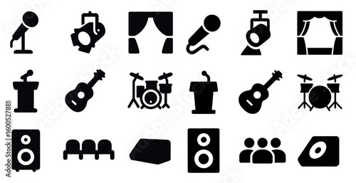 Music and performance icons set – solid, filled, stage and audio symbols
