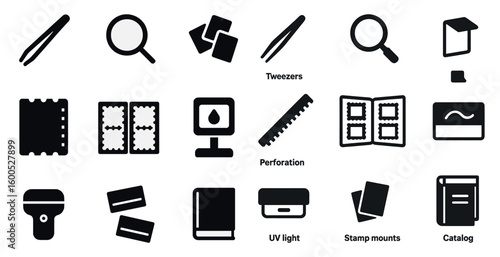 Stamp collecting solid icons set – philately, filled, hobby and collection symbols