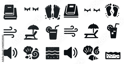 Beach and relaxation silhouette icons set – solid, filled, vacation symbols