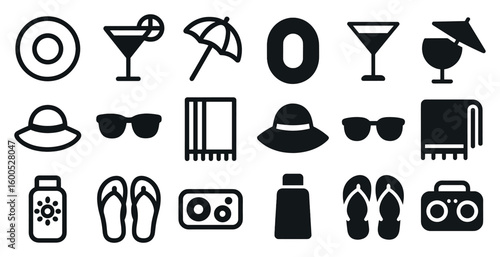 Beach and summer filled icons set – solid, vacation, and holiday symbols