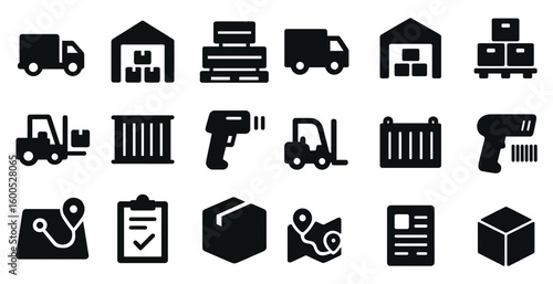 Logistics and delivery solid icons set – filled, transport and shipping symbols