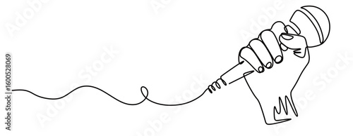 continuous line art of a hand-held microphone. concept of singing using a microphone