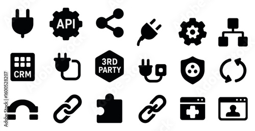 Technology and connection silhouette icons set – solid, filled, networking symbols