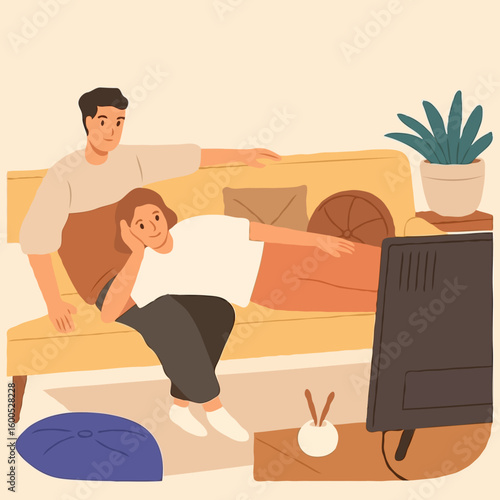 Couple relaxing on sofa while watching TV at home in cozy setting  