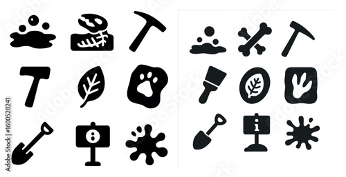 Archaeology and paleontology icons set – silhouette, fossils, excavation tools symbols