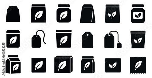 Tea and herbal products icons set – solid, silhouette, organic beverage symbols