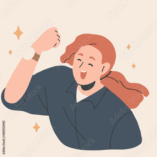 Happy woman celebrating success with joyful expression and raised fist  
