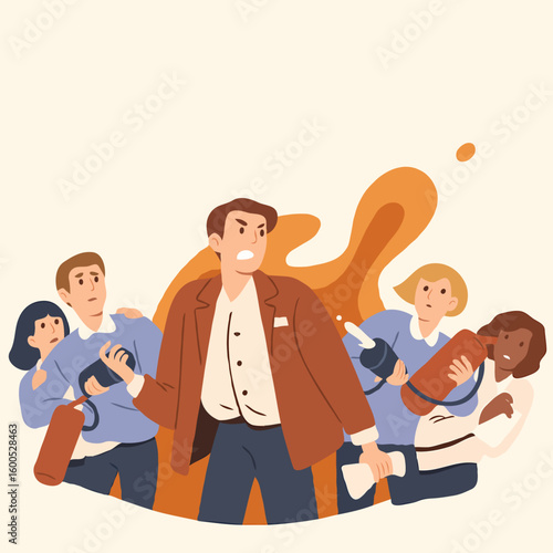 Man directing a team during a fire drill in a modern office  