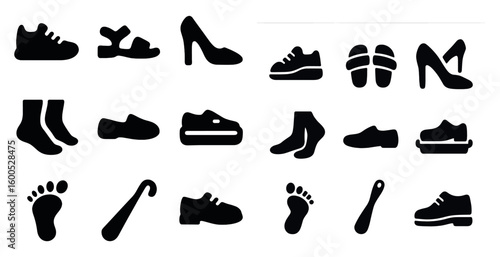 Footwear silhouette icons set – shoes, sandals, socks and stylish symbols