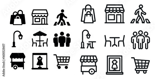 Shopping and retail icons set – outline, linear, commerce and market symbols