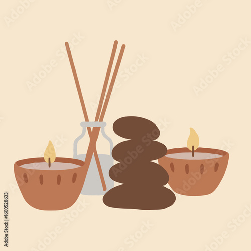 Spa decor with candles, stones, and aroma diffuser on beige background  
