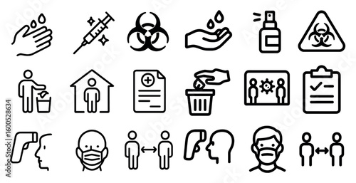 Pandemic and health icons set – outline, linear, virus and safety symbols