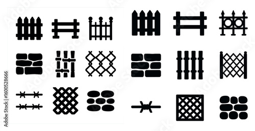 Fence and barrier icons set – silhouette, outline, gate and boundary symbols