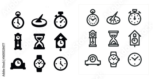 Timekeeping solid icons set – clocks, watches, stopwatch symbols in filled style