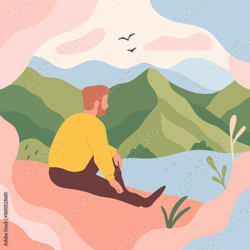 Young man sitting by the lake, contemplating nature and scenery  