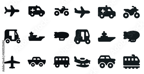 Transportation and vehicles silhouette icons set – solid, outline, travel modes collection