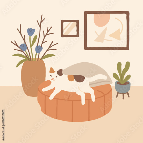 Cat resting on round cushion in cozy room with plants and artwork  