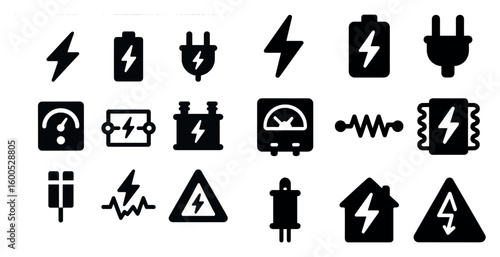 Electricity and energy solid icons set – silhouette, power, utility symbols