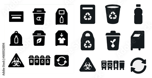 Recycling and waste management silhouette icons set – eco, environment, sustainability