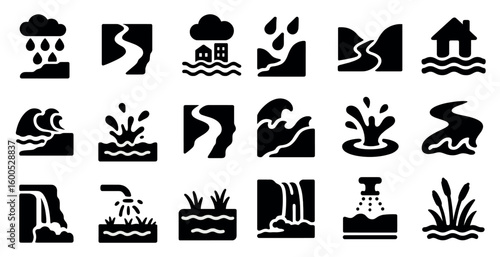 Flood and water disaster solid icons set – filled, silhouette, emergency symbols